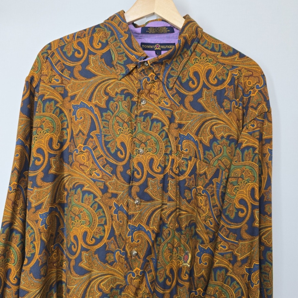 Tommy Hilfiger Mens Large Paisley Button Down Shirt Gold Blue Rayon Wool Blend - Picture 3 of 7